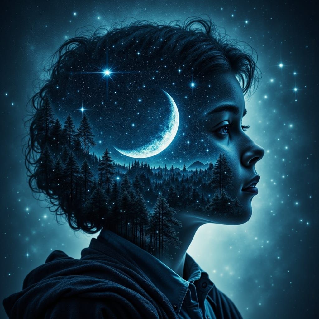 Boy's Face Merged with Starry Night Sky and Moon