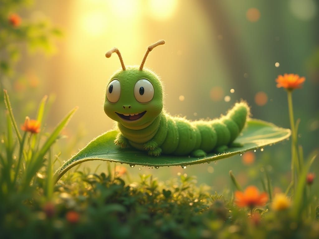 Joyful Caterpillar Bouncing in Whimsical Forest