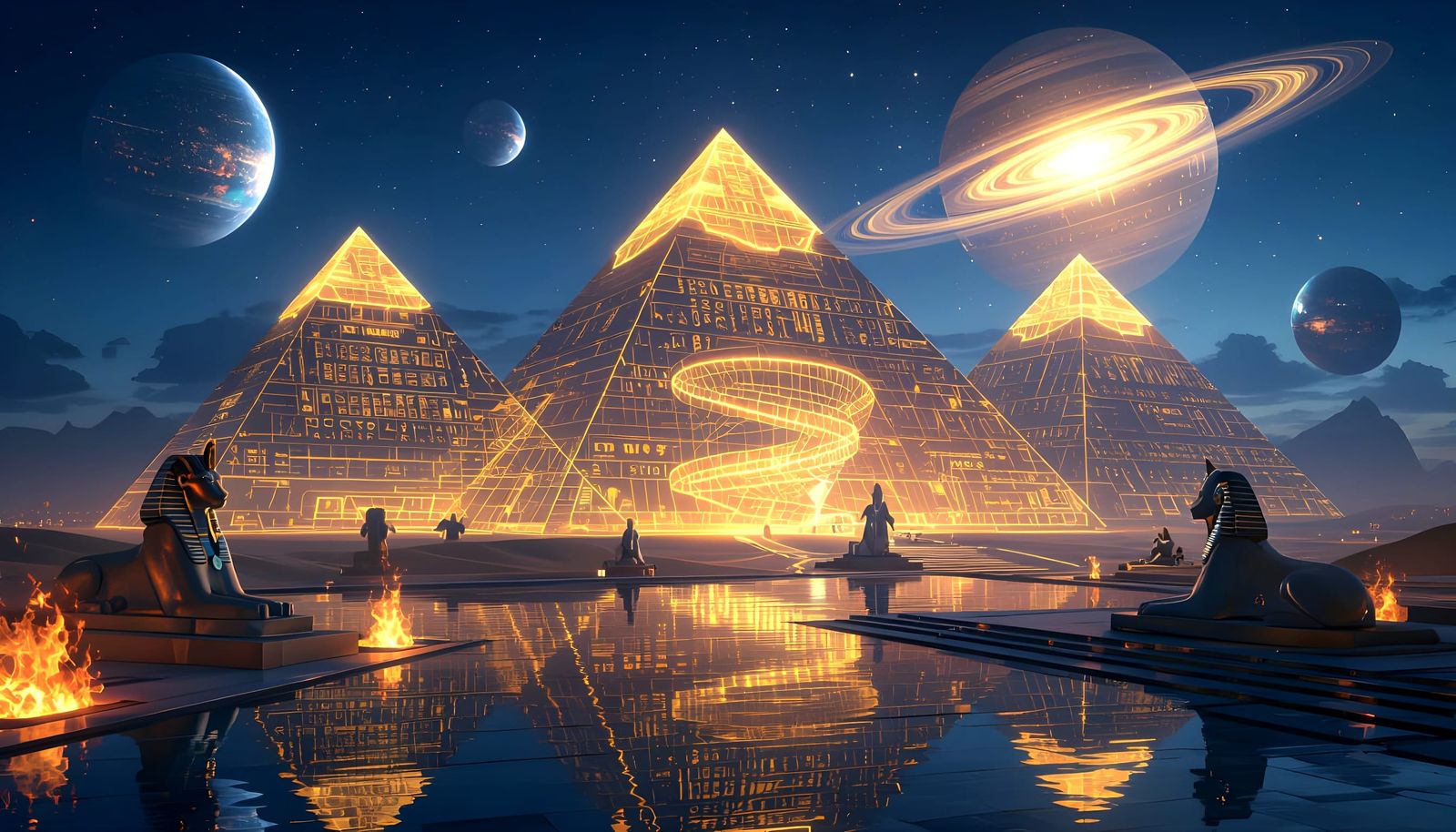 Futuristic Egyptian Skyline with Glowing Pyramids and Sphinx...