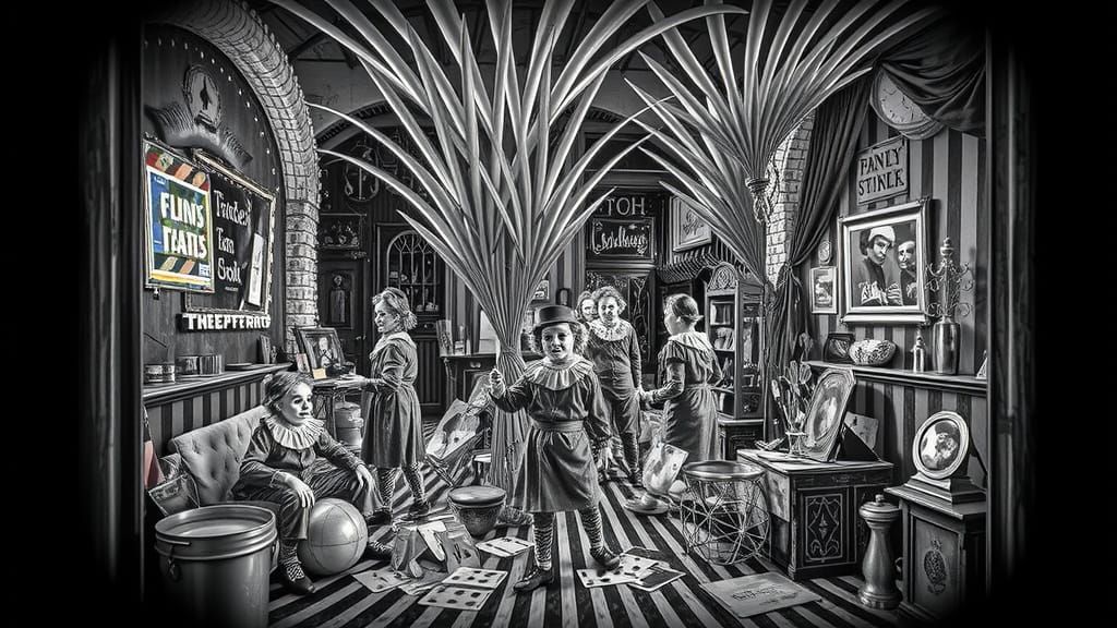 Creepy Clowns in Warped Funhouse, 1950s 3D Art Style