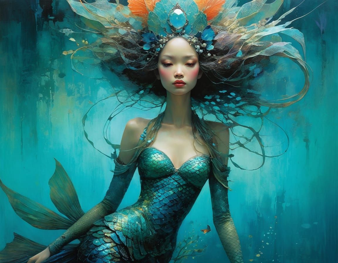 Ethereal Mermaid Princess in Vibrant Neon Sunset Hues