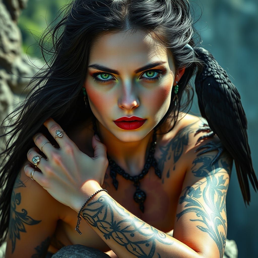 Mysterious Witch with Green Eyes and Black Raven