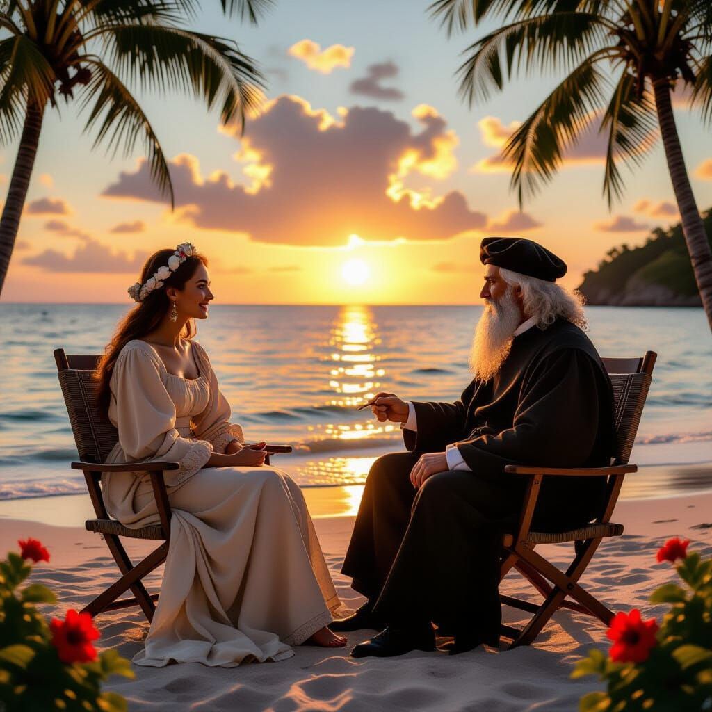 Mona Lisa and Da Vinci on Caribbean Beach at Sunset