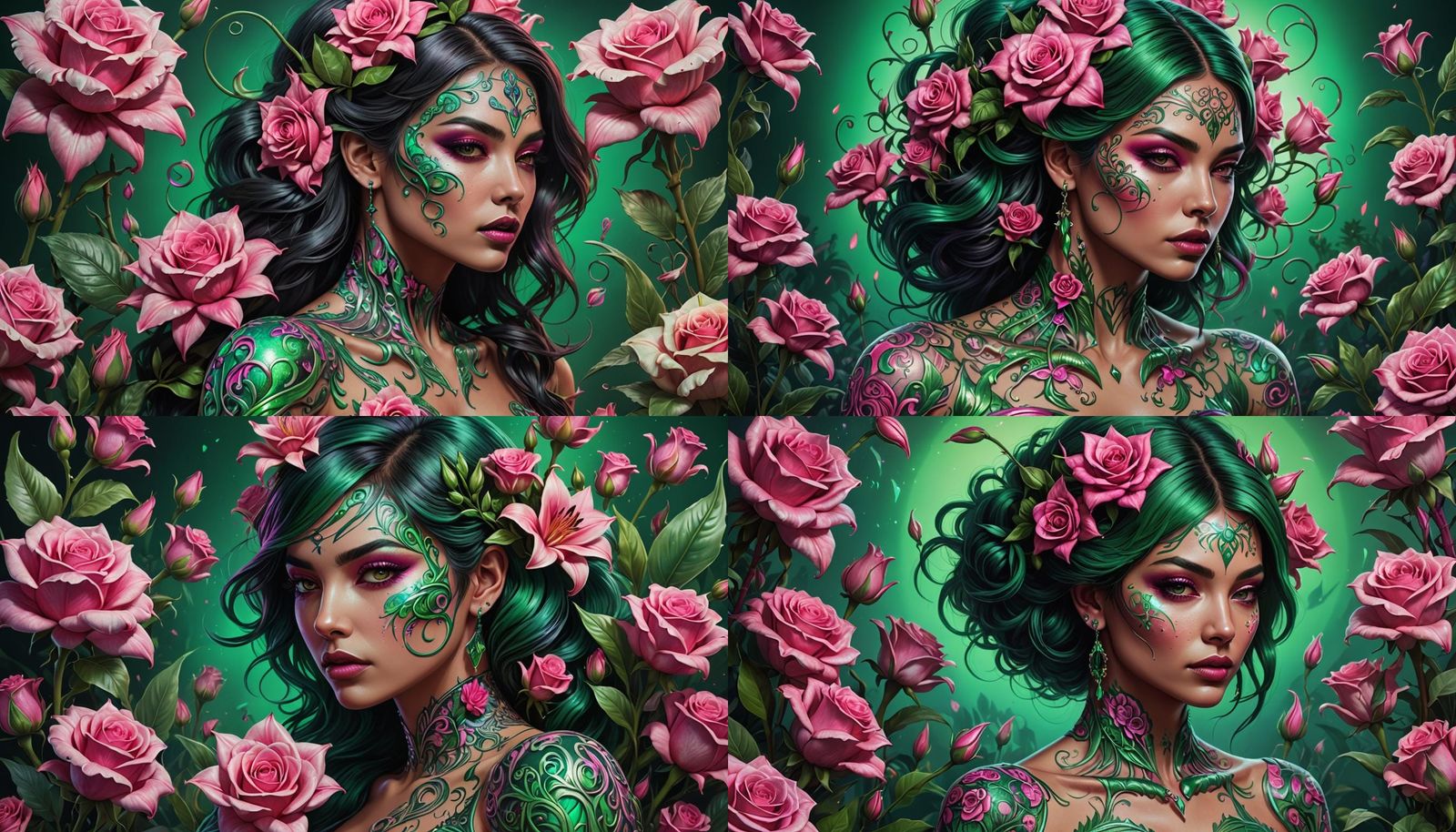 Iridescent Tattoo Woman with Roses, Airbrushed Style