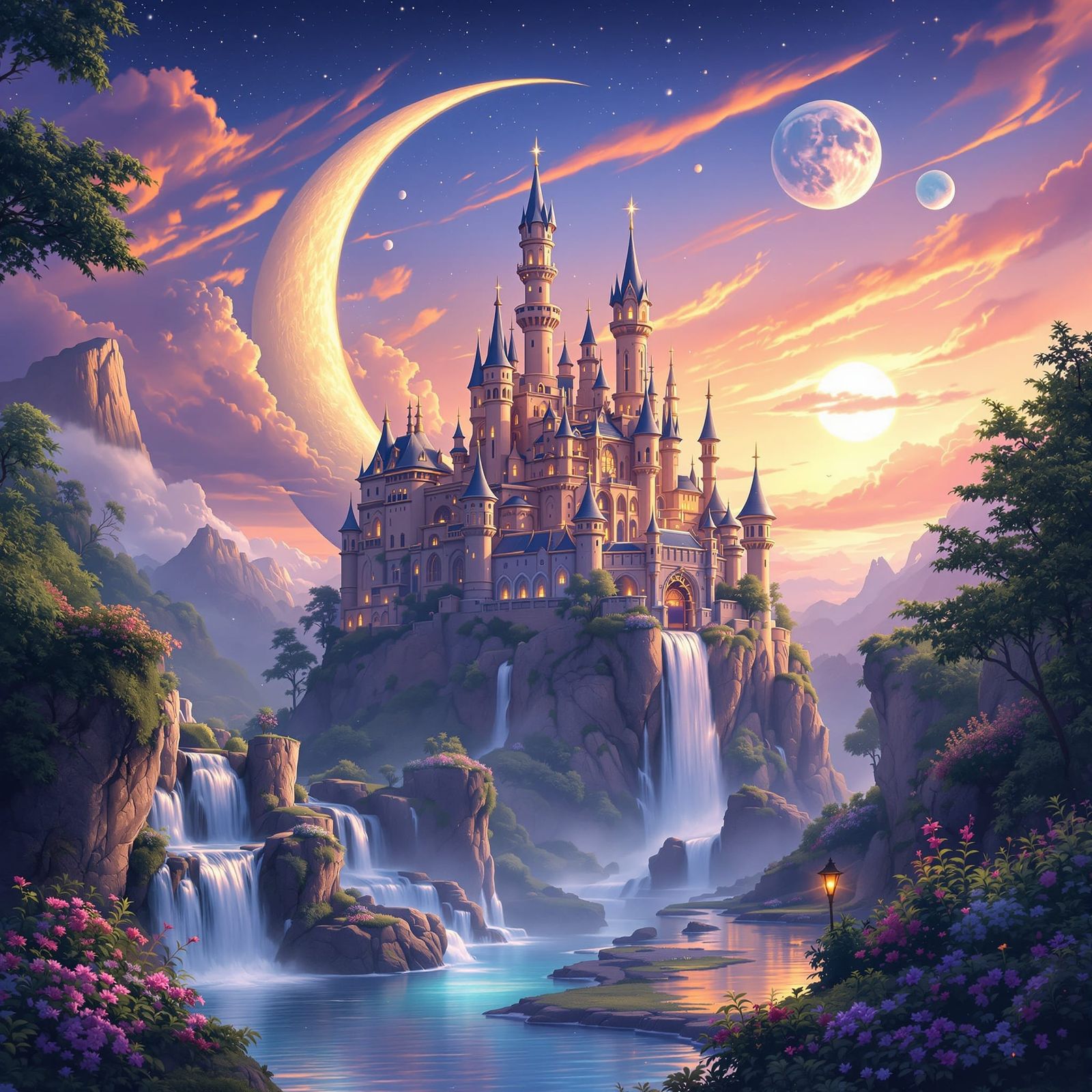 Fantasy Castle on Crescent Moon at Twilight