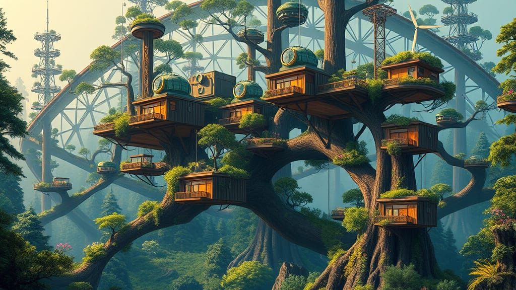 Eco-Friendly Solarpunk Metropolis with Wooden Treehouses