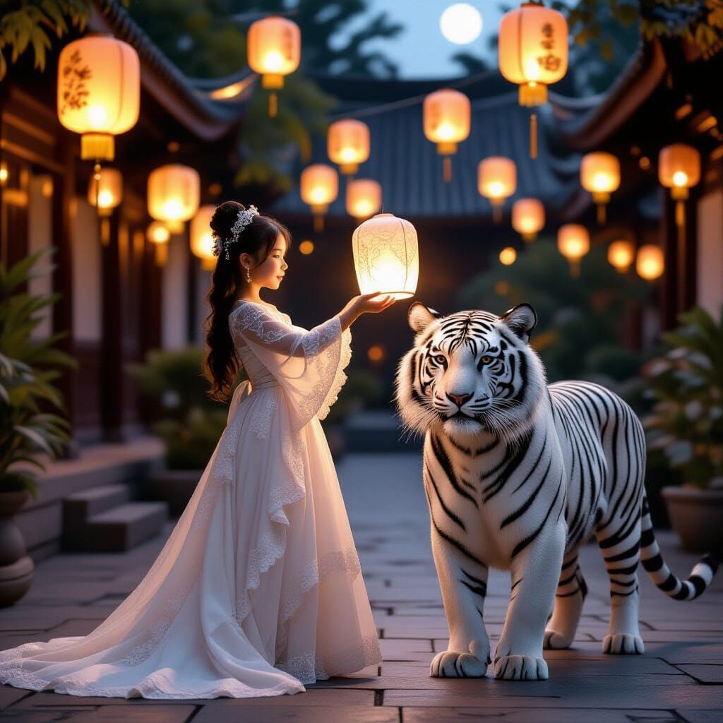 Magical Lanterns at Night with White Tiger