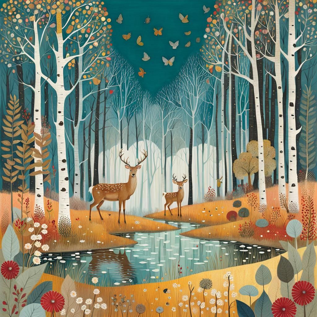 Autumn Deer Forest Illustration in Klimt Style