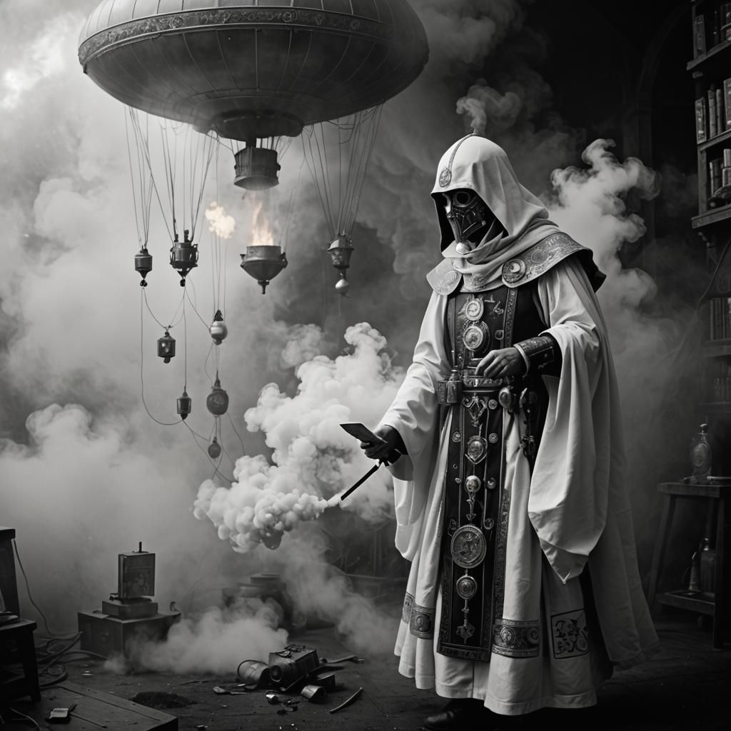 Steampunk Tarot Card with Ancient Computer and Robots