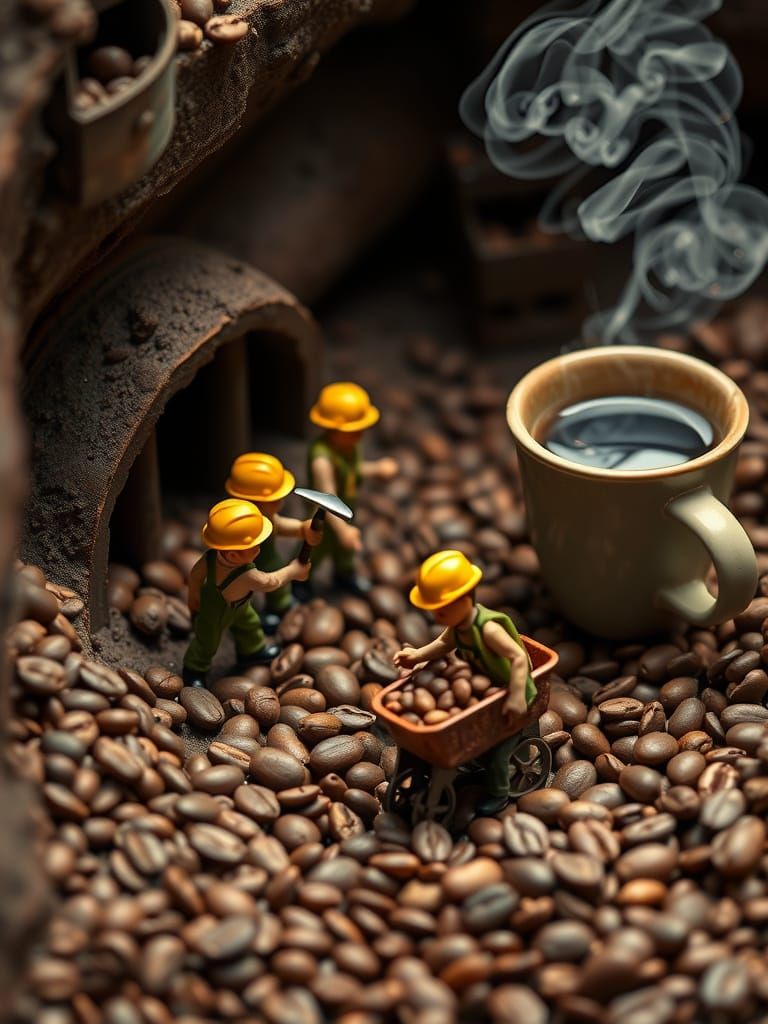 Miniature Laborers Mine Coffee Beans in a Surreal, Dollhouse...