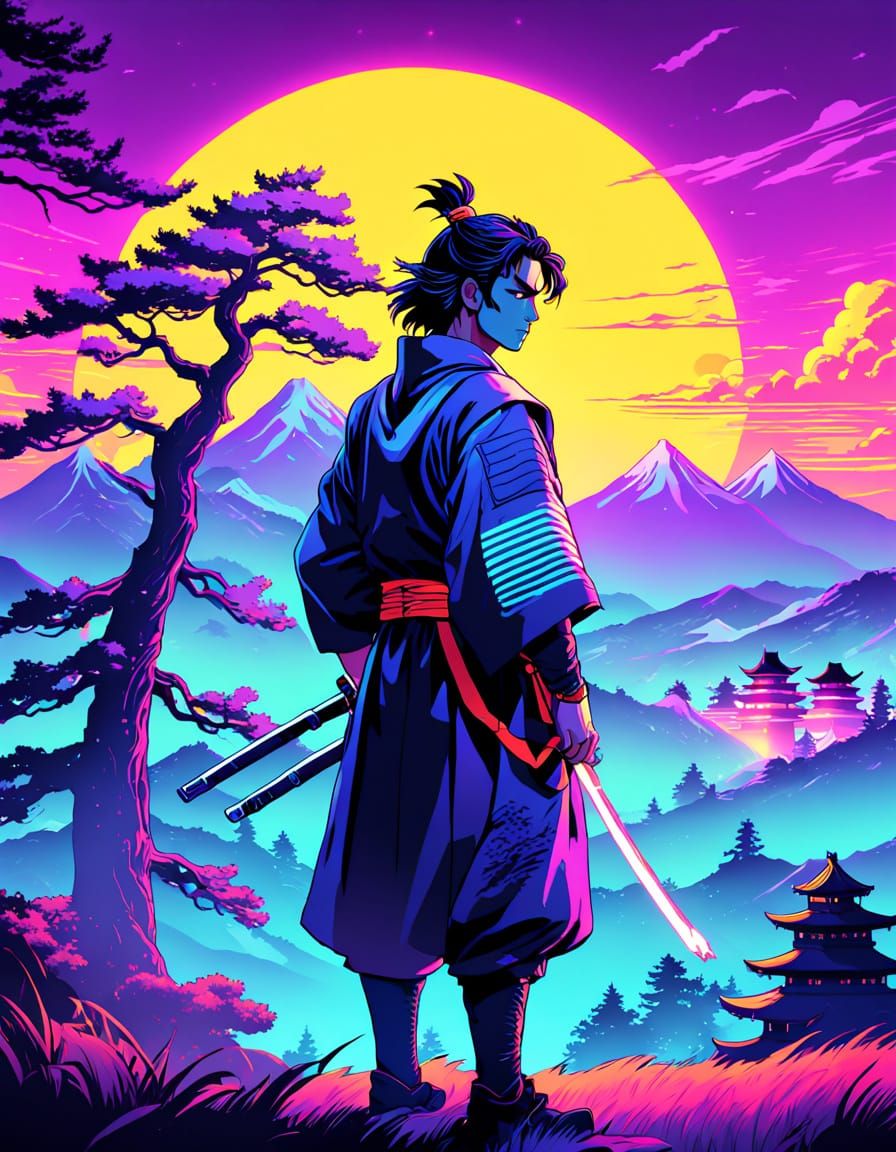 Samurai Overlooking Village in Vaporwave Neon Style