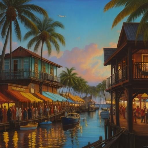 Tropical Colonial Seaport Oil Painting by Gurney Style