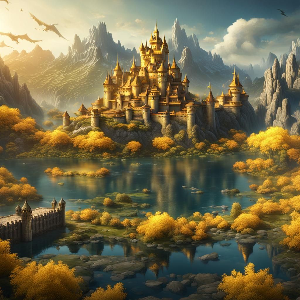 Yellow Dragon Overlooking Castle in Fantasy Landscape
