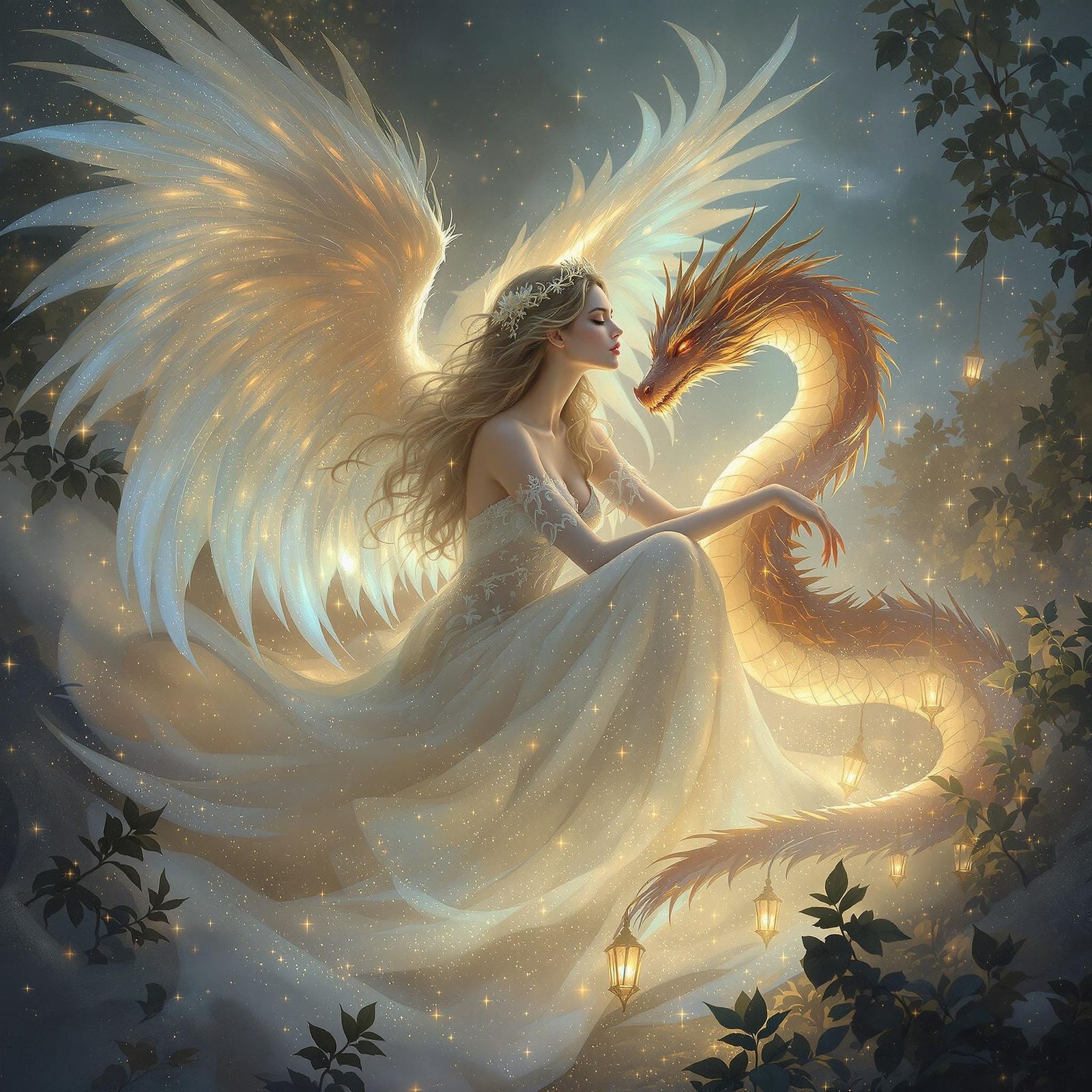 Angel's Fiery Companion in Dreamlike Landscape