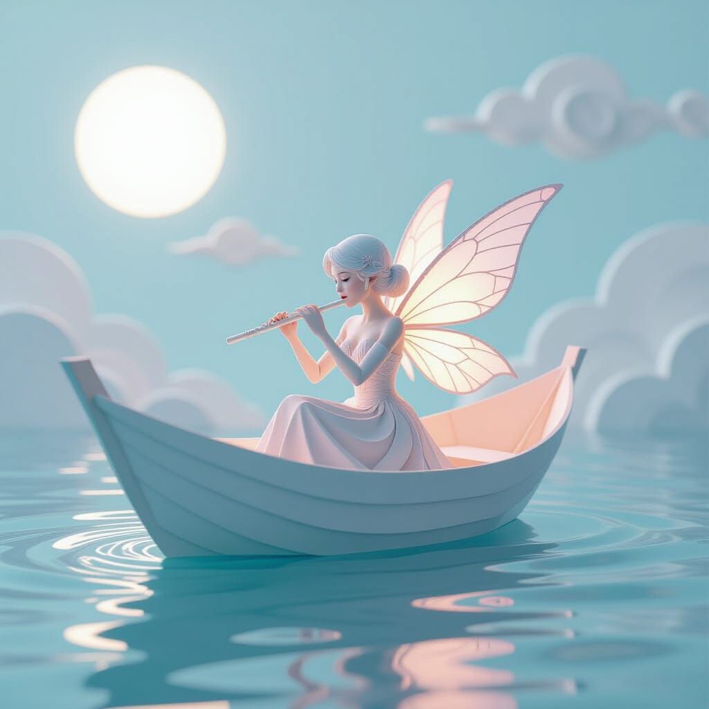 Ethereal Fairy Drifting in Paper Boat: Surreal Dreamscape