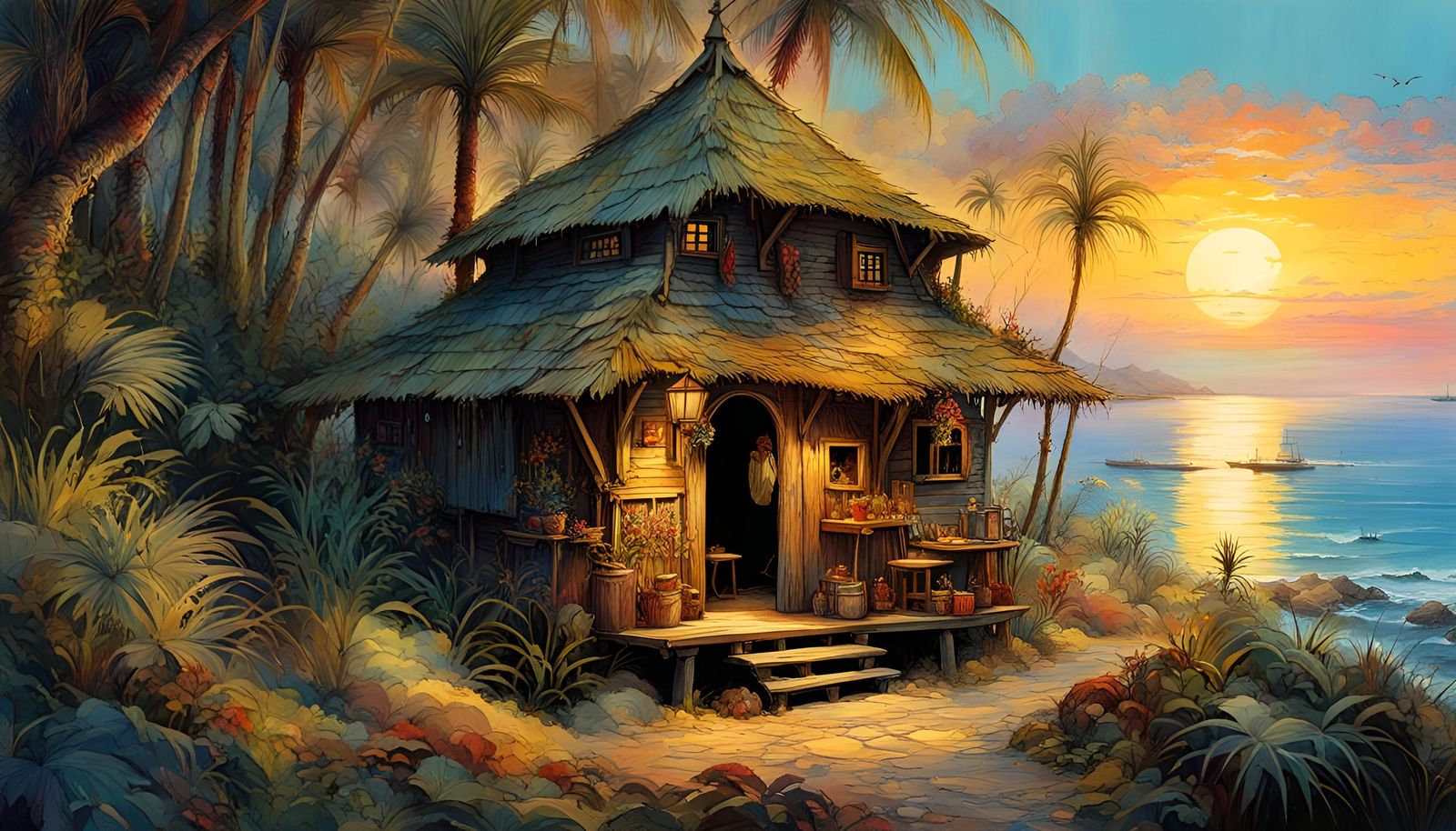 Treasure Island Hut: Folk Art Digital Illustration
