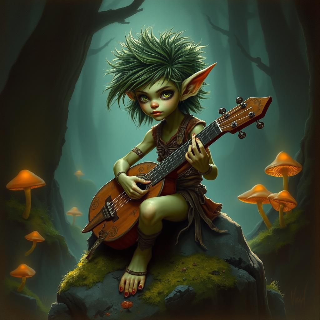 Goblin Girl Bard in Misty Forest, Fantasy Illustration
