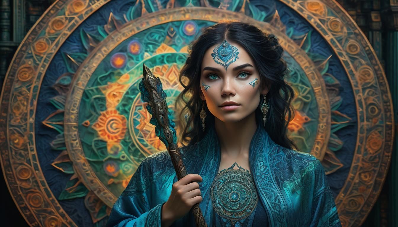 Mysterious Sorceress with Mandala in Digital Art
