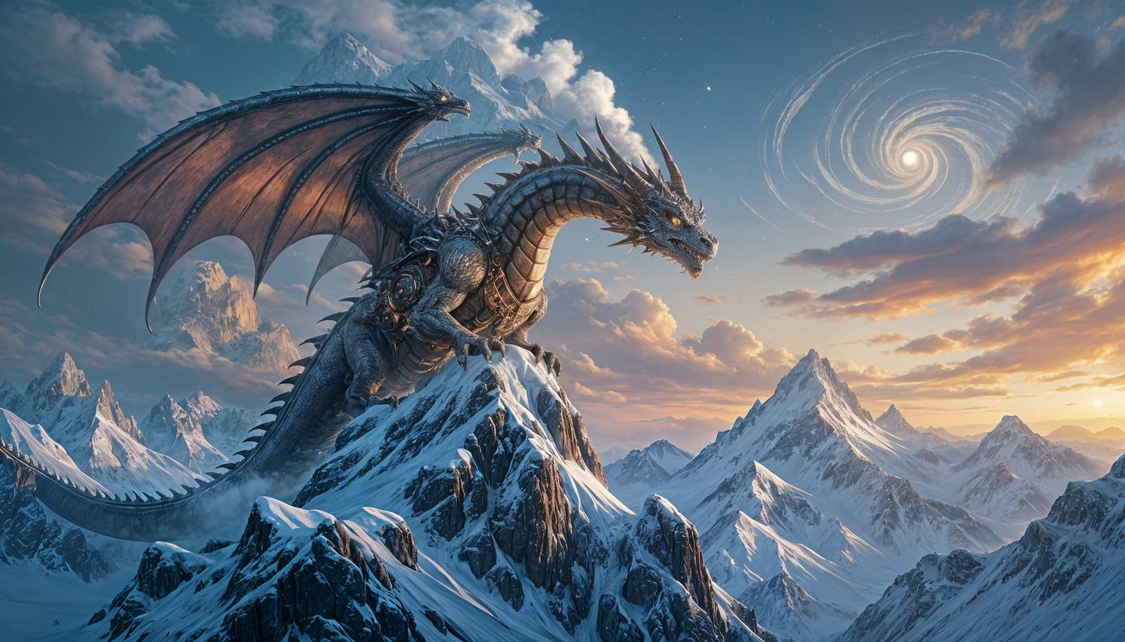 Clockwork Dragon on Mountain Peak in Twilight Sky