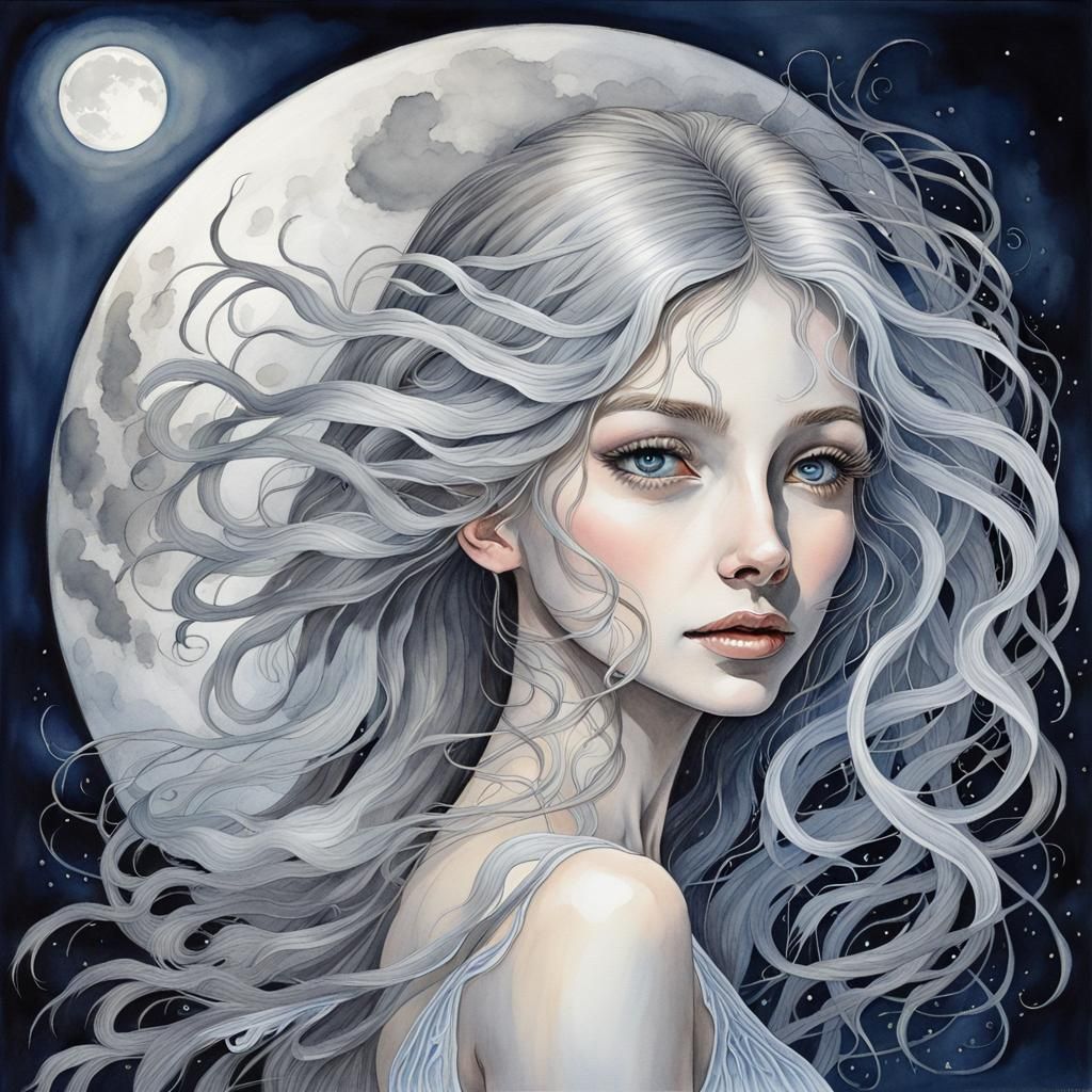 Silvery Moon Woman: Hyperdetailed Watercolour Fantasy