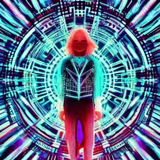 Cyberpunk Woman with Digital Mask in Matrix Cage