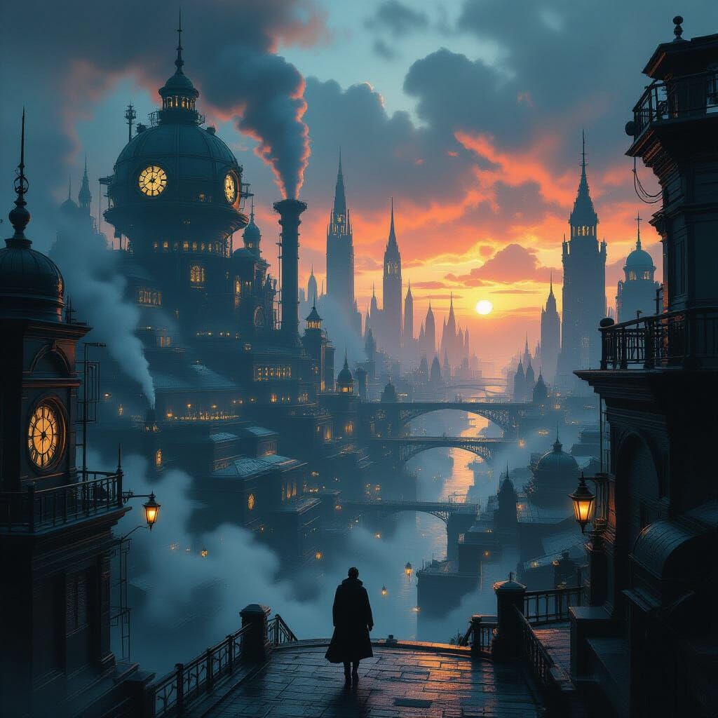 Steampunk Dystopian Metropolis with Clockwork Machinery