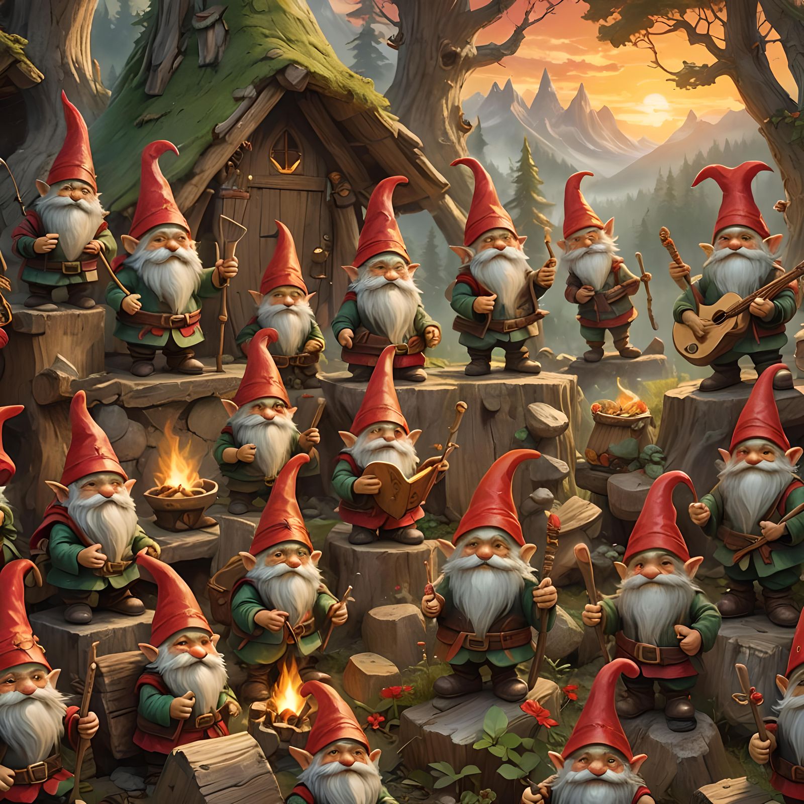 Gnome Camp on Misty Mountain as 3D Digital Art