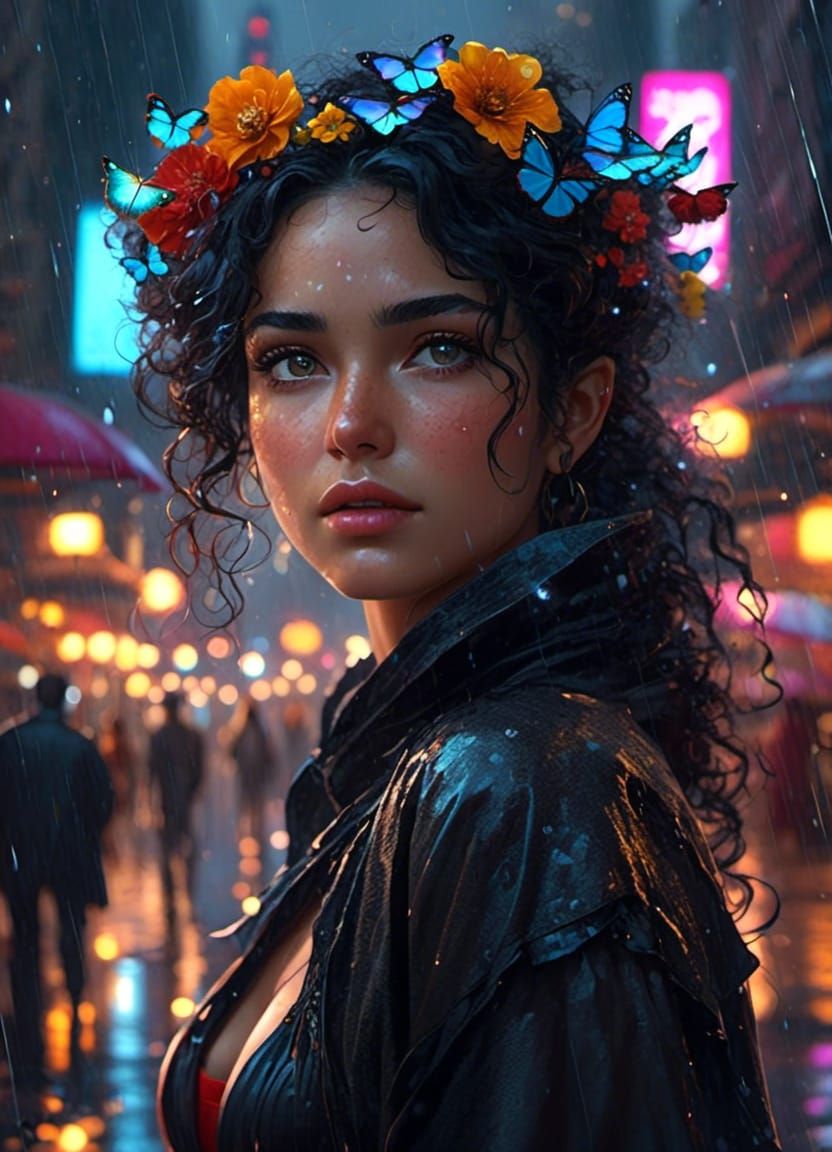 Fairy Woman Portrait in Rainy City, Anime Realism