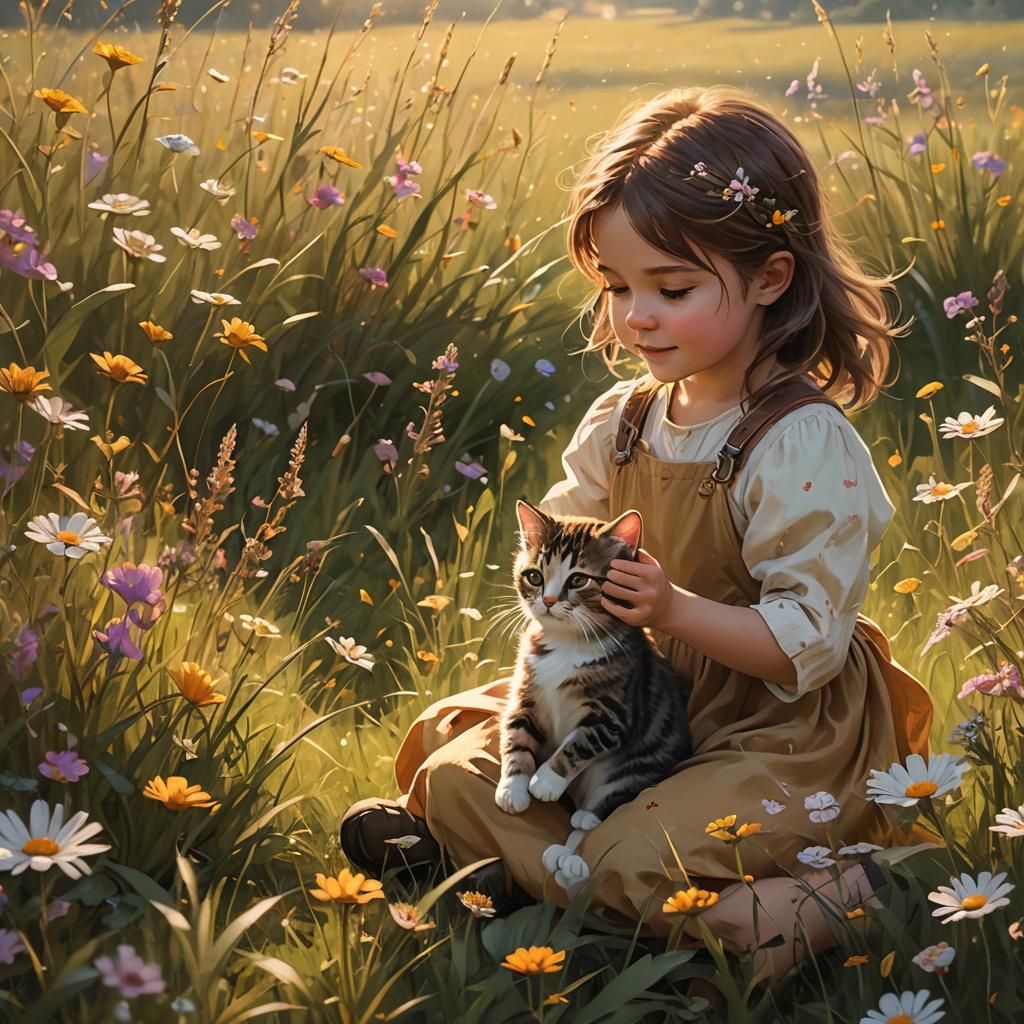 Fantasy Art: Cat and Girl in Sunlit Meadow