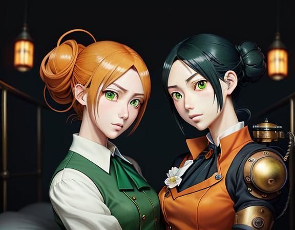 Kemono Twin Sisters Kissing in Steampunk Anime Style