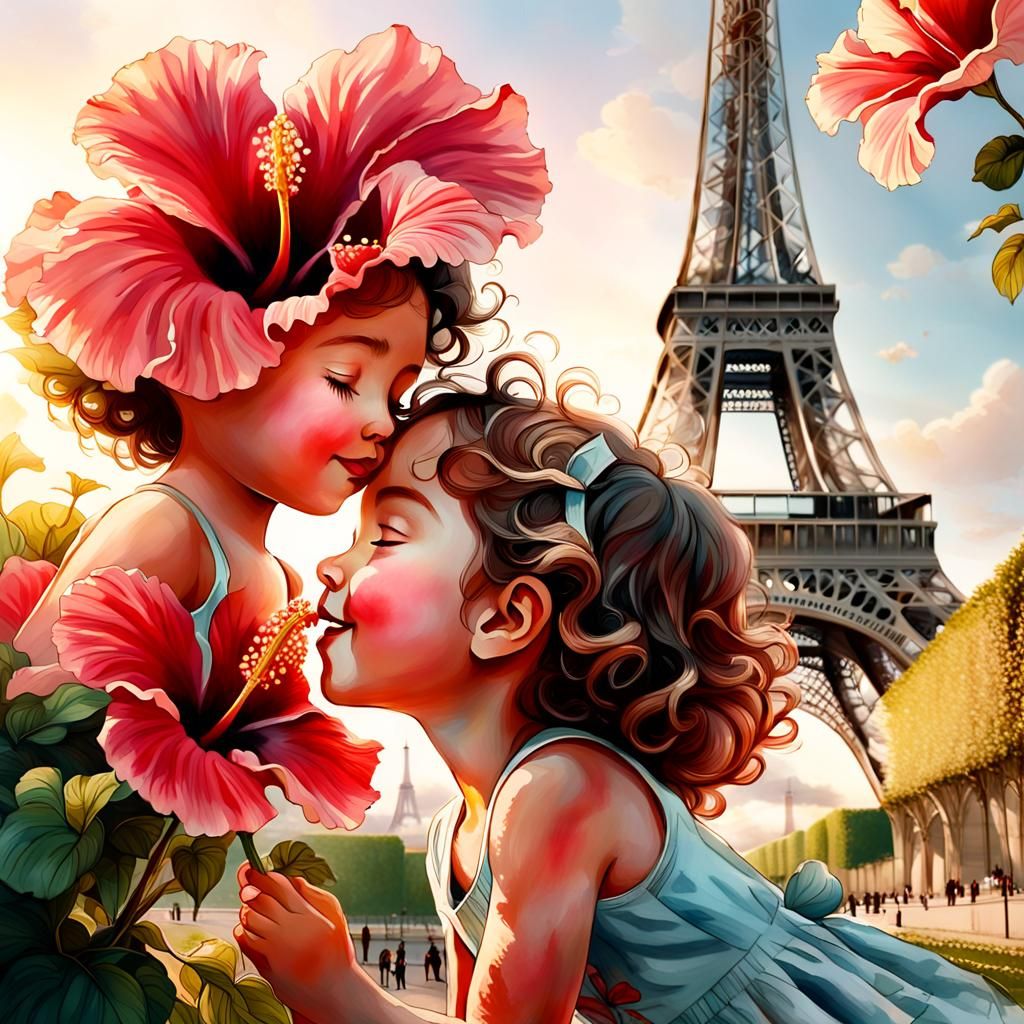 Eiffel Tower Hibiscus Kiss in Surreal Oil Painting