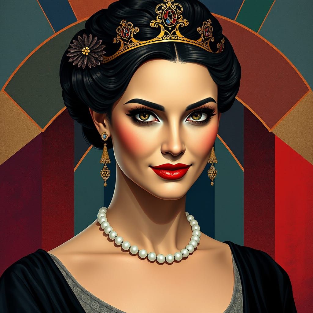 Elegant Regal Woman in Cubist Art Deco Style
