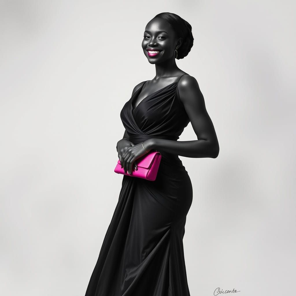 Elegant Black Woman in Charcoal Drawing with Pink Purse