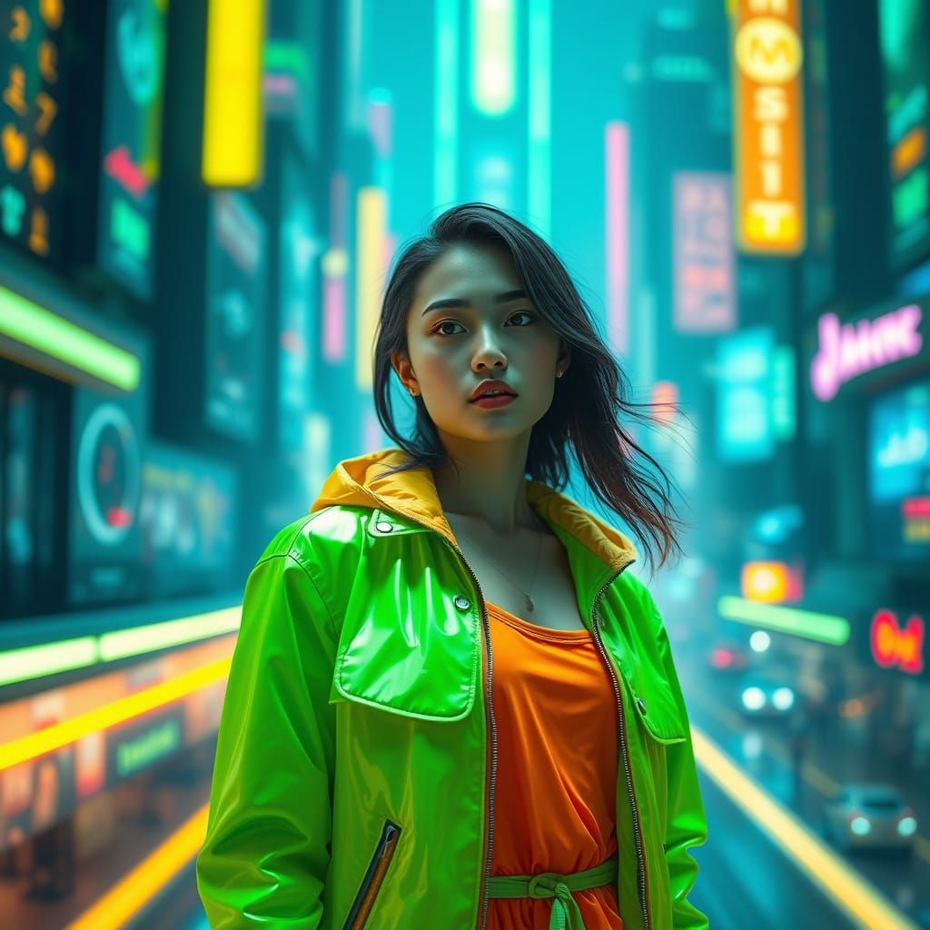 Neon Woman in Futuristic Cityscape