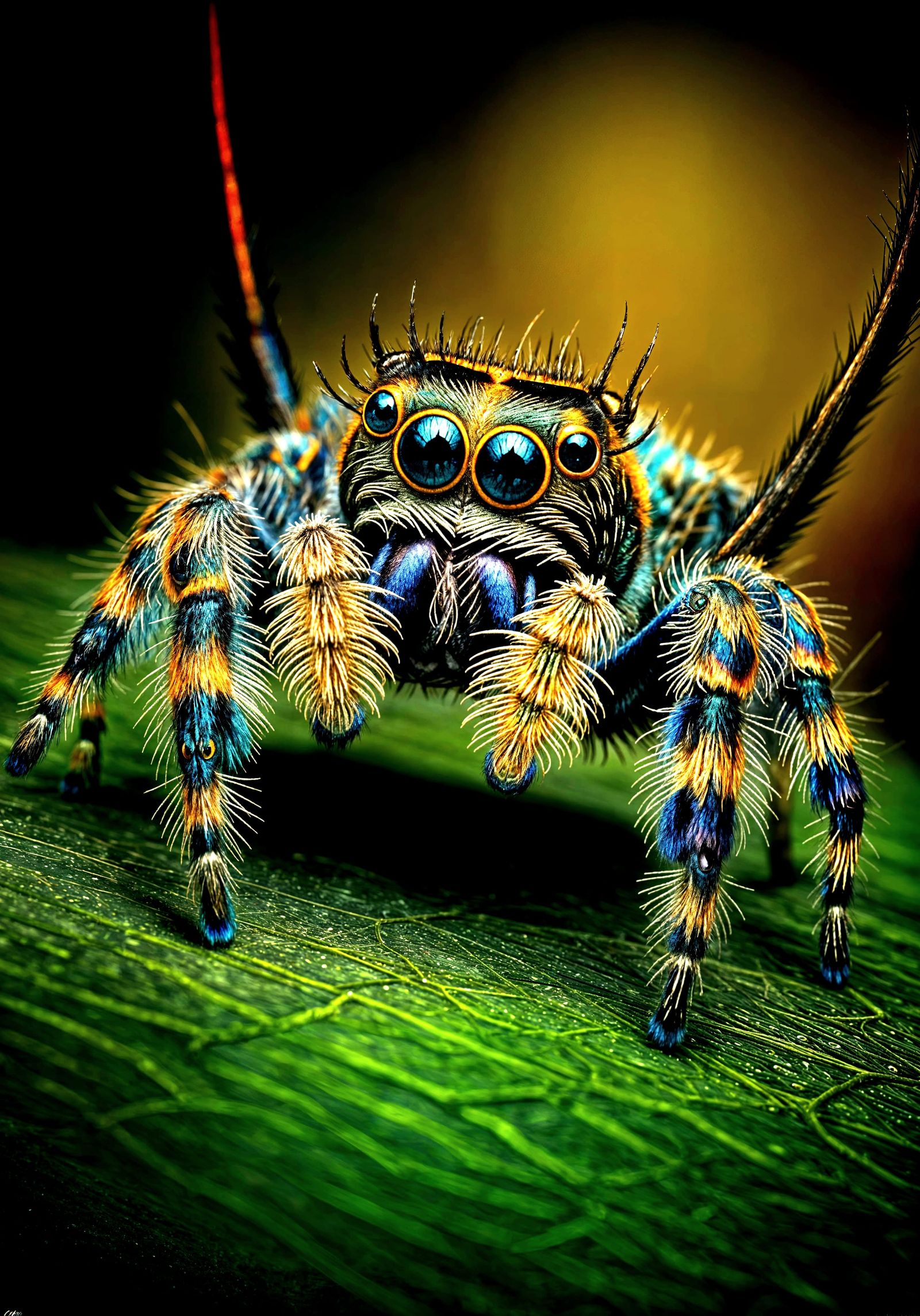 Photorealistic Peacock Spiders in Majestic Forest