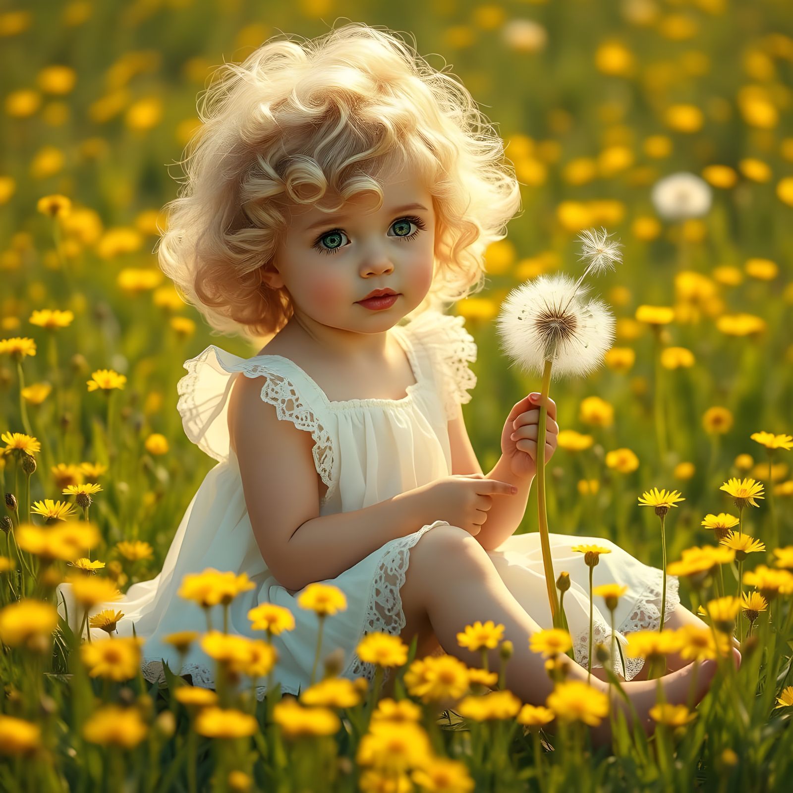 A Little Girl's Whimsical Moment in a Sunlit Dandelion Field