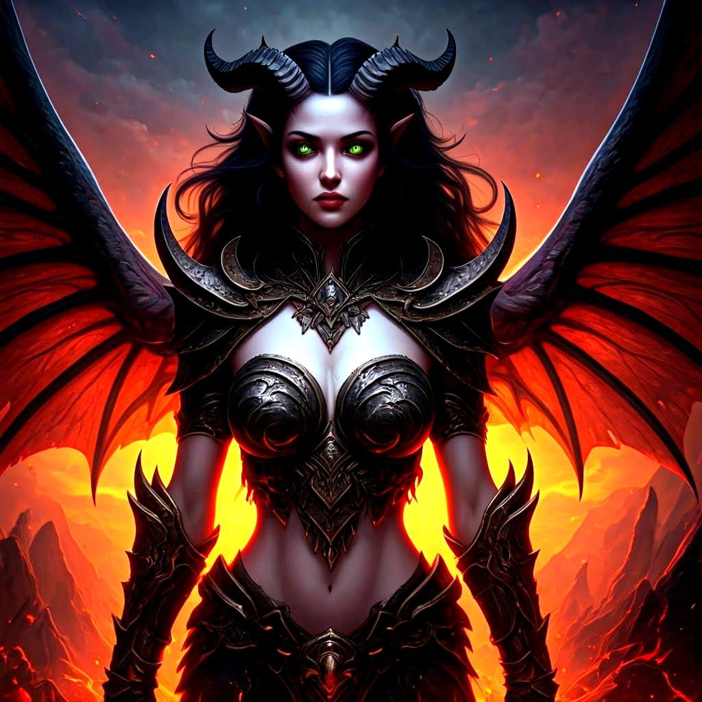 Beautiful Demon with Flowing Hair, Detailed Digital Art