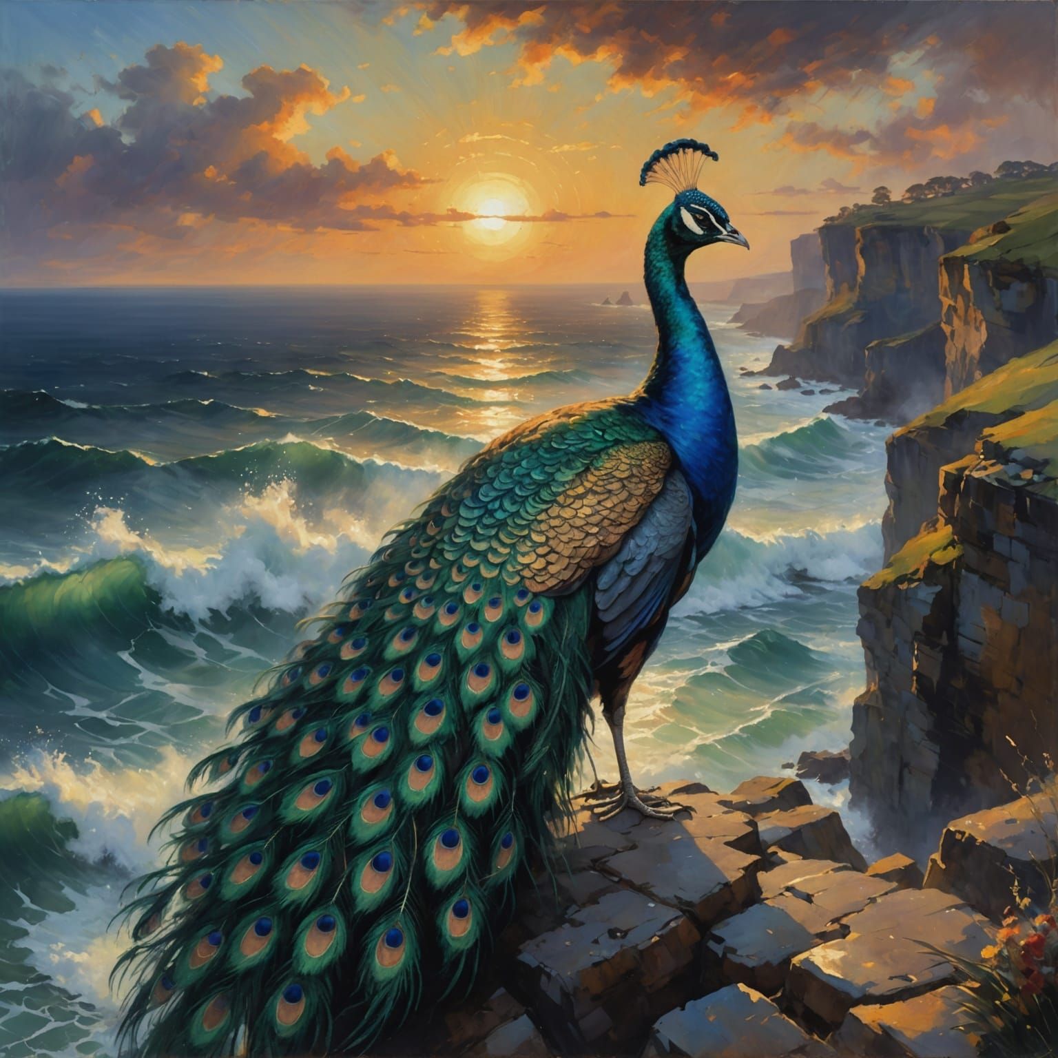 Majestic Peacock on Cliff Overlooking Turbulent Sea at Sunse...