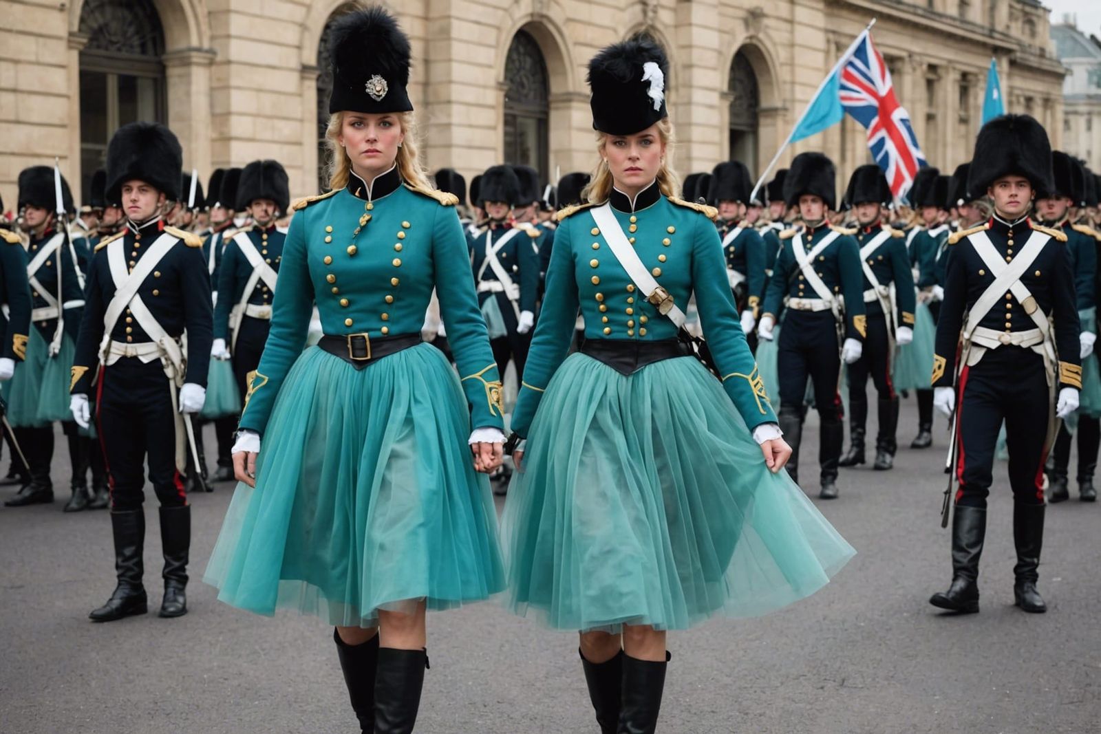 Military Parade with Women in Turquoise Uniforms