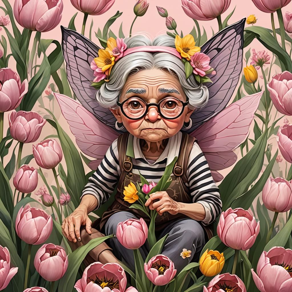 Grumpy Fairy in Tulip Flower, Digital Illustration