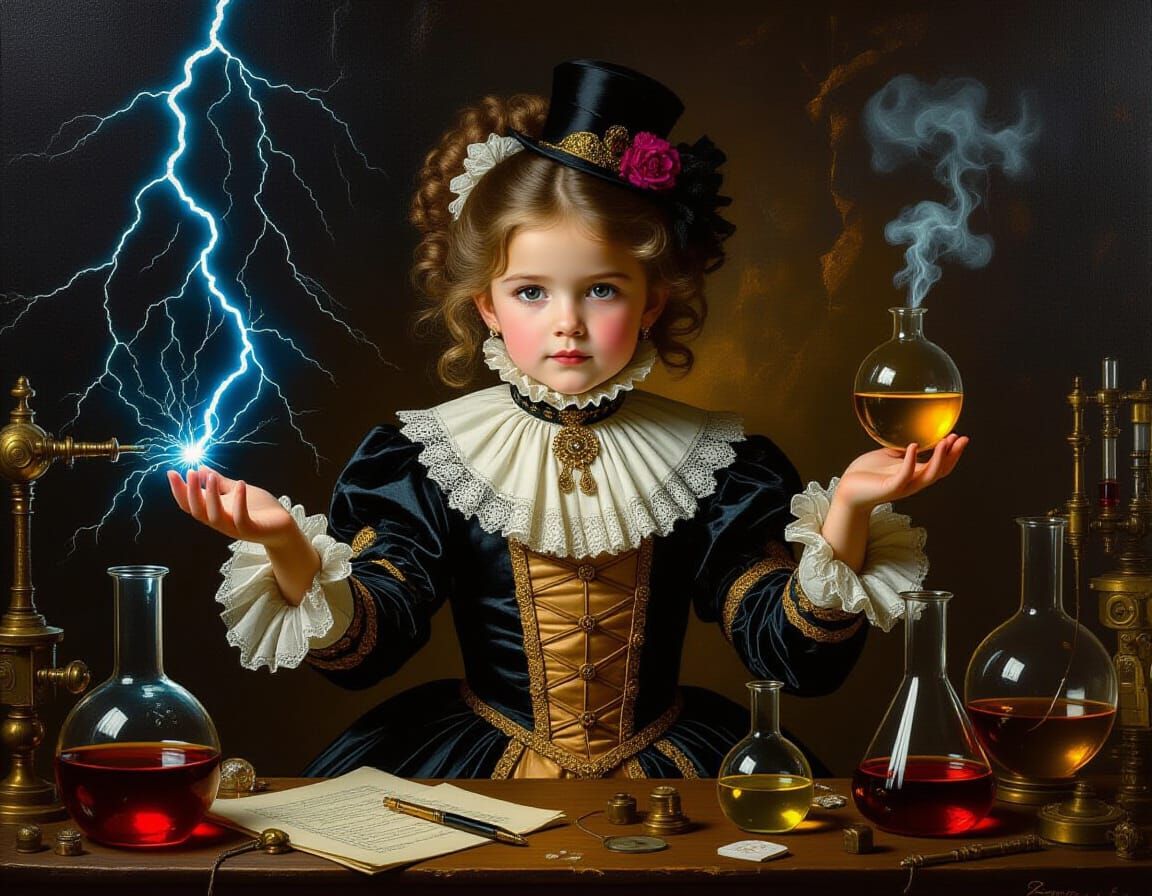 Victorian Girl in Mad Science Lab, Dramatic Oil Painting