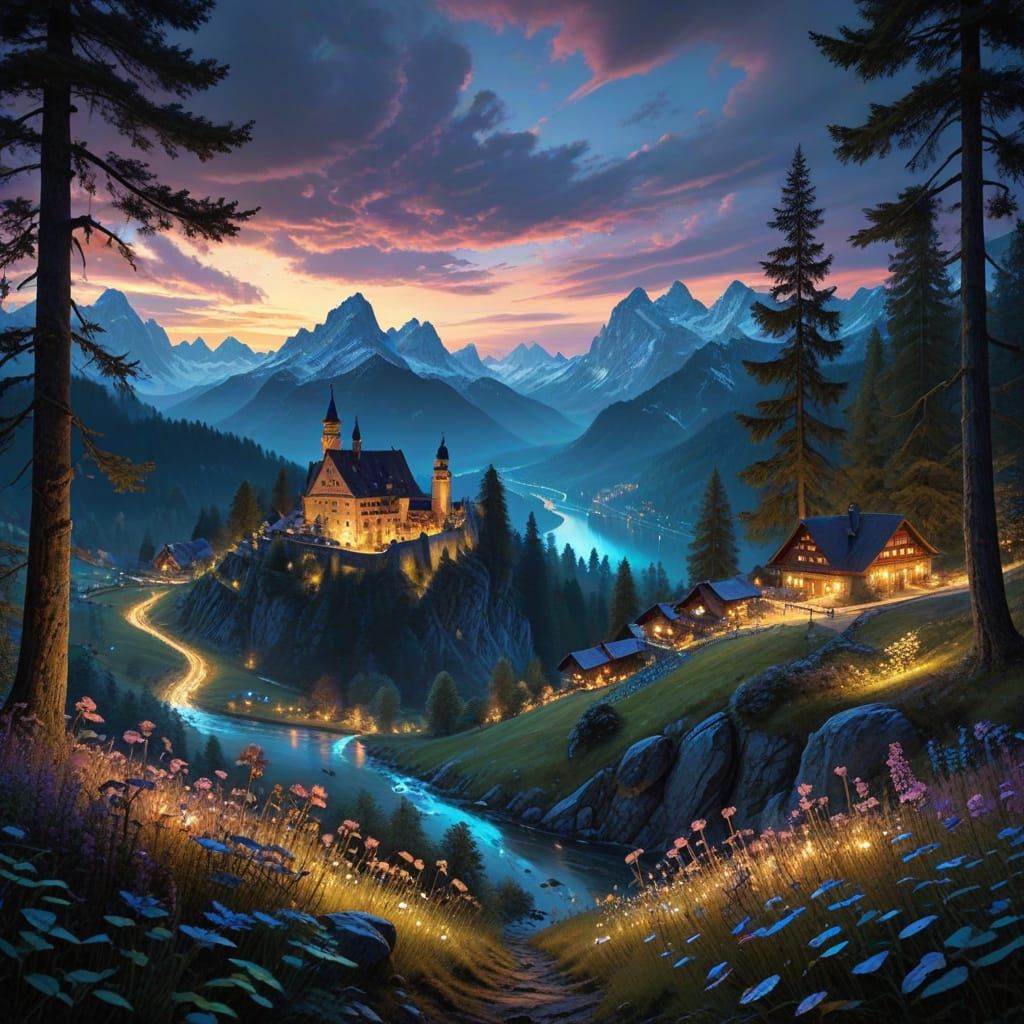 Fantastical Bavarian Landscape with Iridescent Lighting