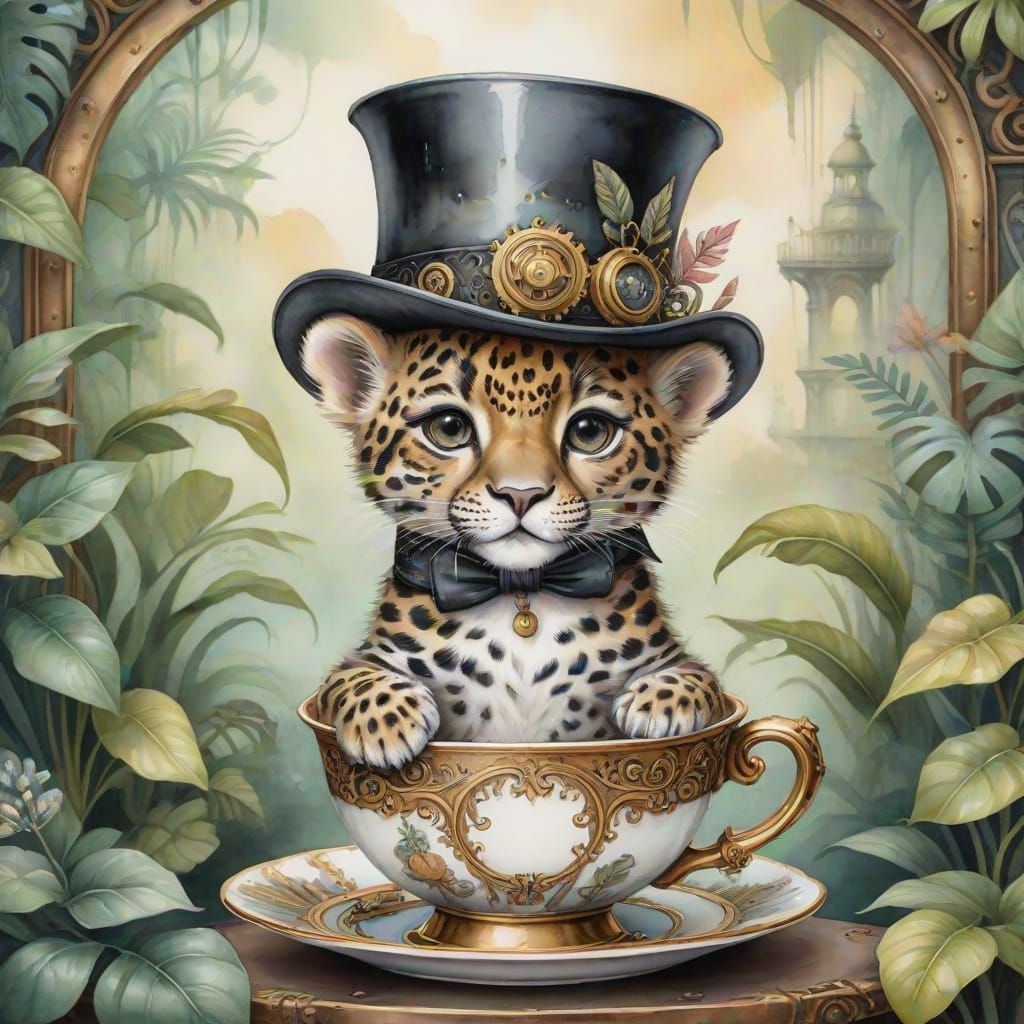 Steampunk Leopard in Teacup Watercolor