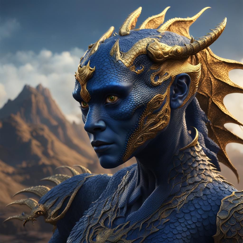 Intricate Dark Blue Dracon with Golden Eyes