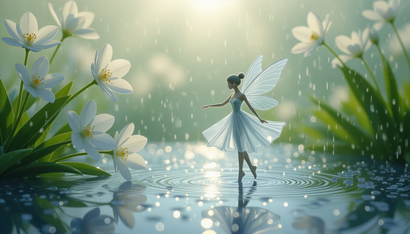Rain Drops and Water Fairy Dance: Hyperrealistic Garden Scen...