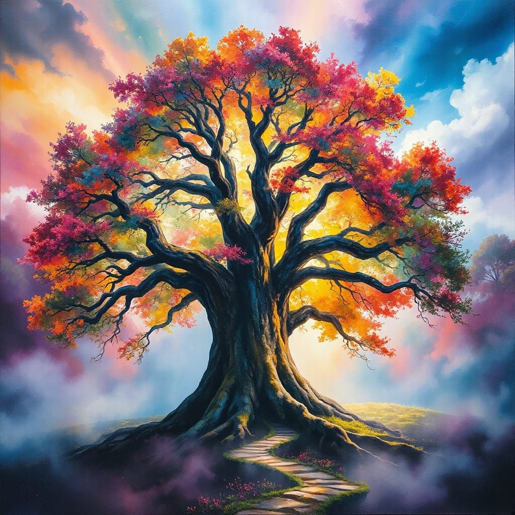 Mystical Tree of Life in Iridescent Mist