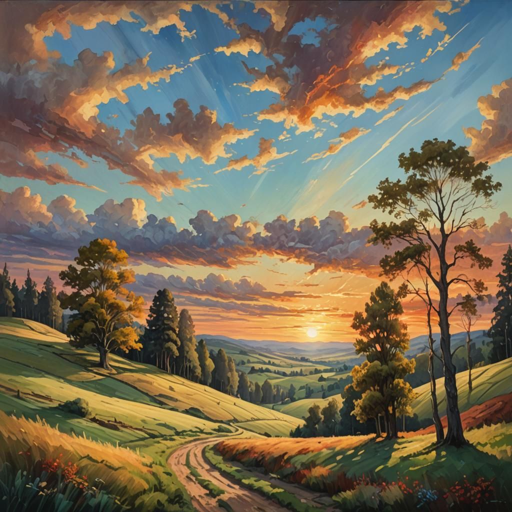 Dreamlike Landscape Painting with Golden Sunset Light