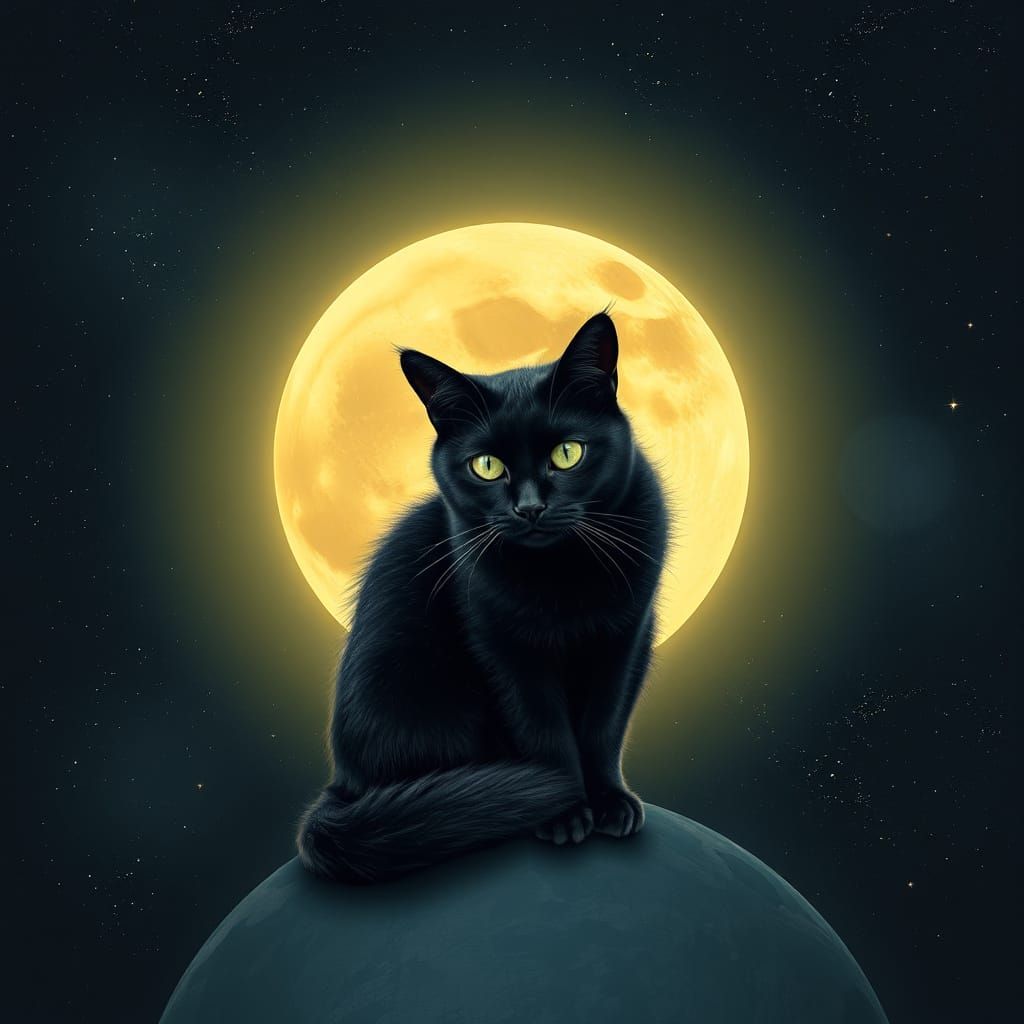 Mystical Black Cat on Radiant Moonlit Night