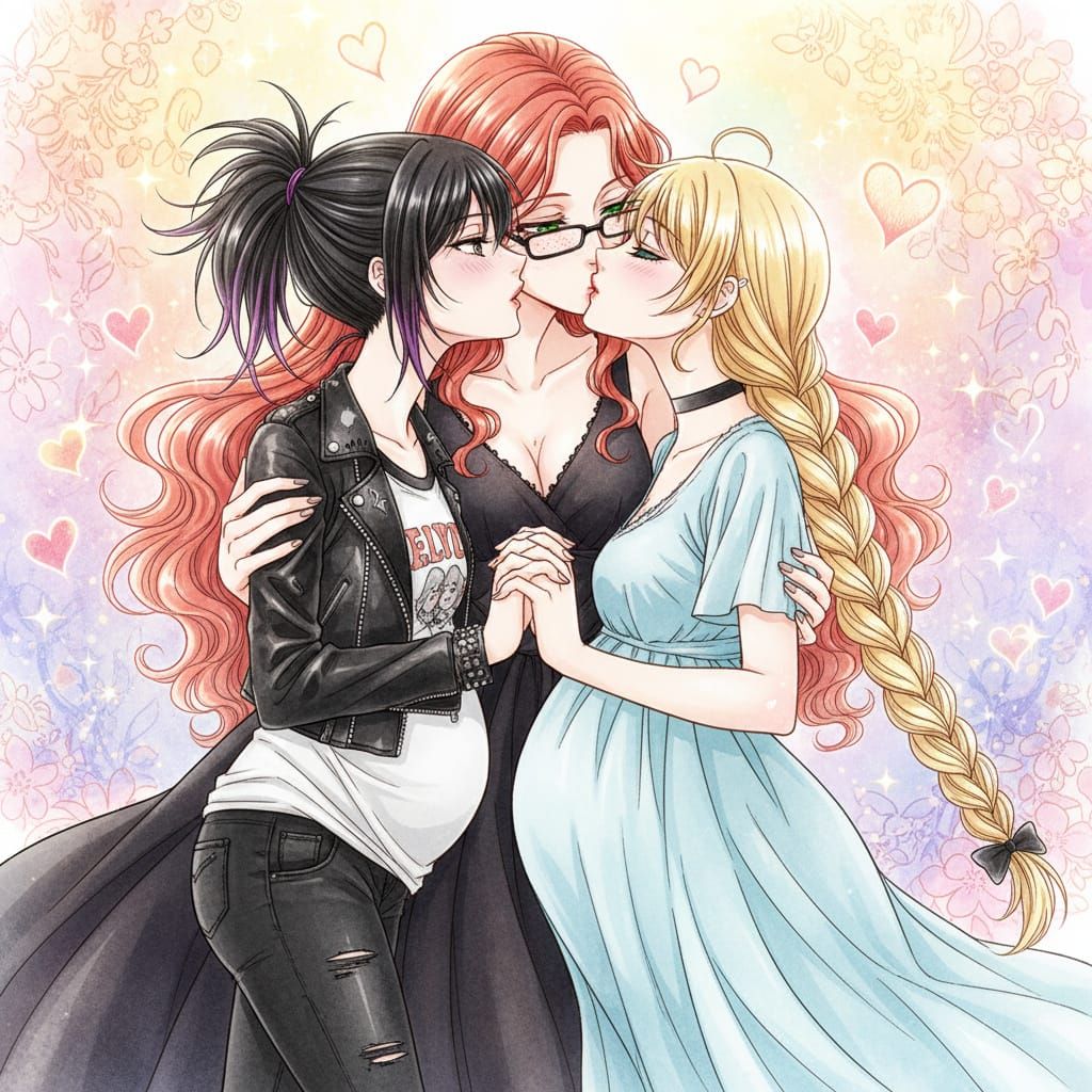 Shoujo Anime Style: Loving Kiss Between Two Pregnant Wives