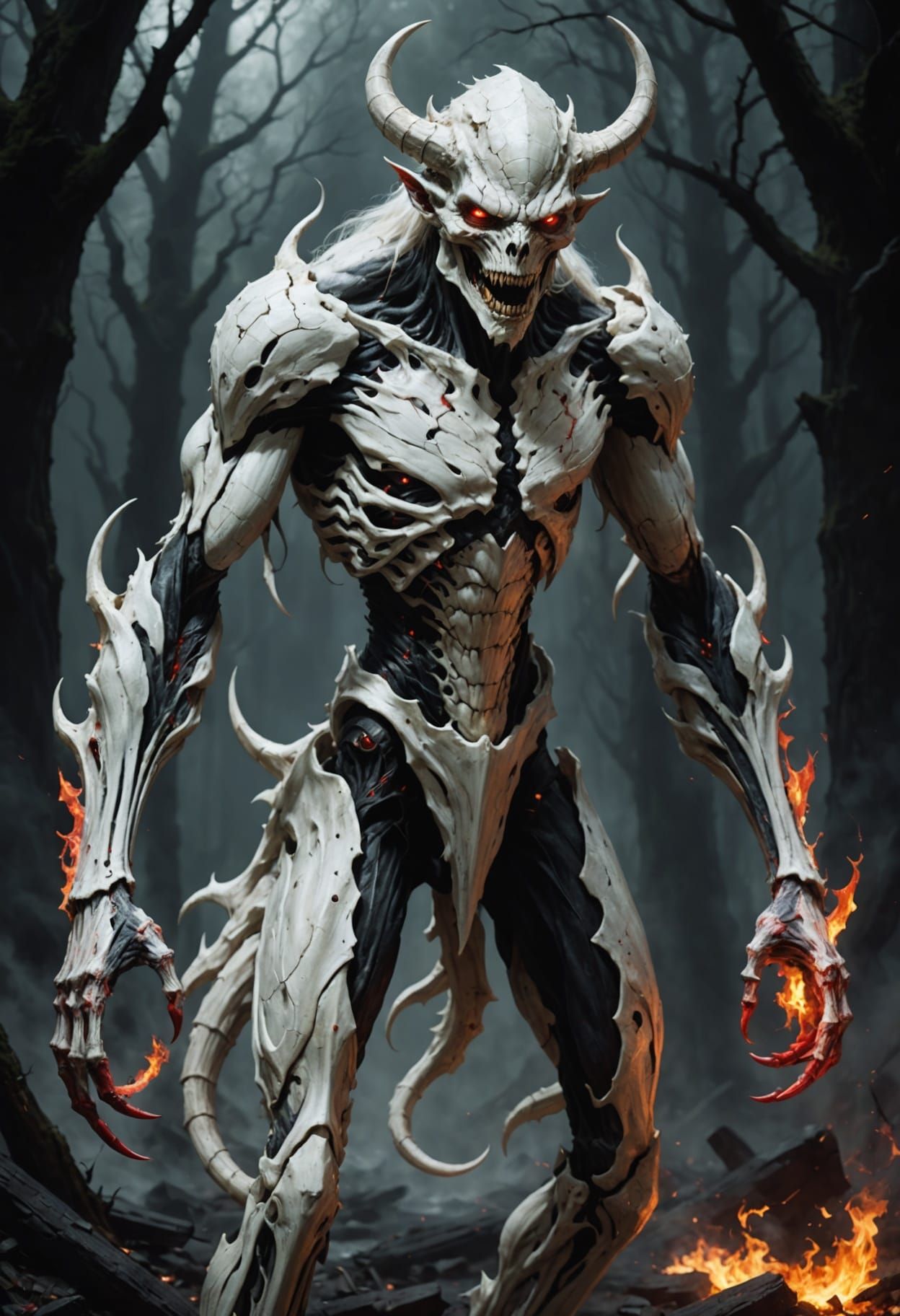Pale Bone Demon with Fiery Eyes and Claws